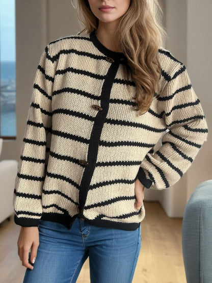 Striped Round Neck Long Sleeve Cardigan