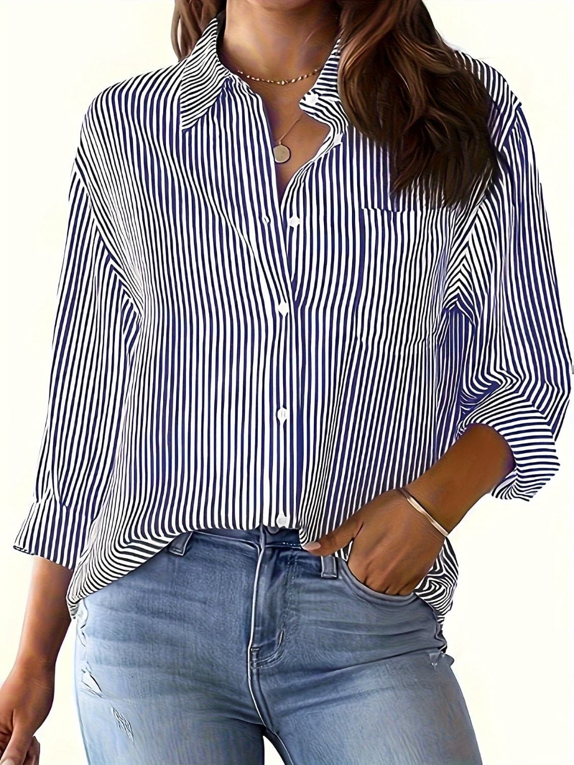 Striped Collared Neck Long Sleeve Shirt.