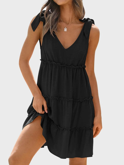 Frill V-Neck Tie Shoulder Mini Dress.