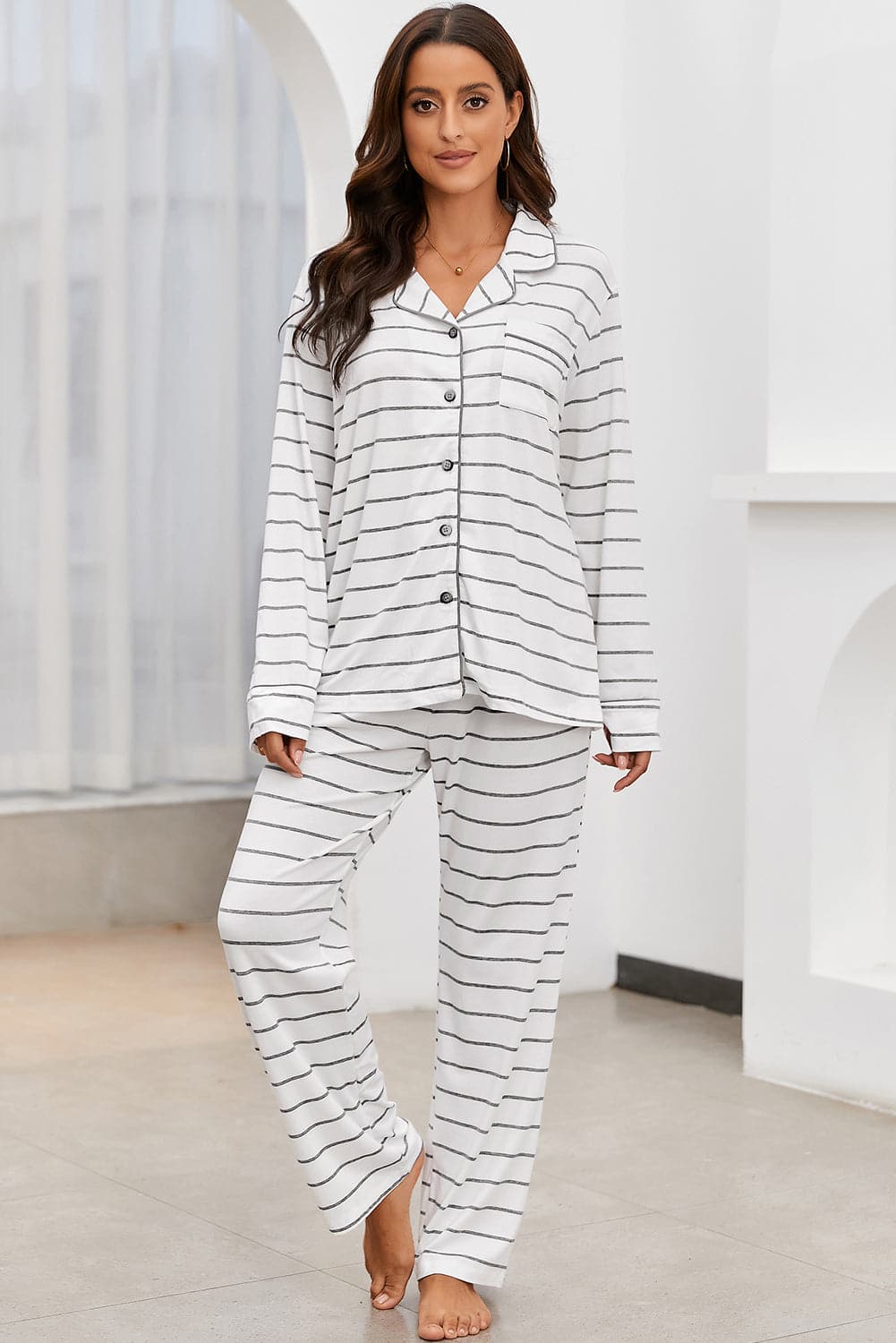 Striped V-Neck Long Sleeve Top and Pants Lounge Set.