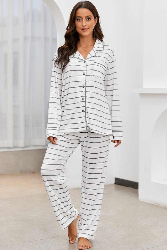 Chic striped lounge set, v-neck, drawstring pants - Love Salve 