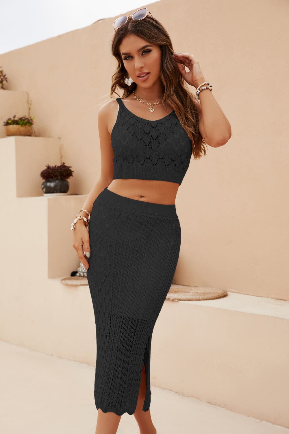 Openwork Cropped Tank and Split Skirt Set.