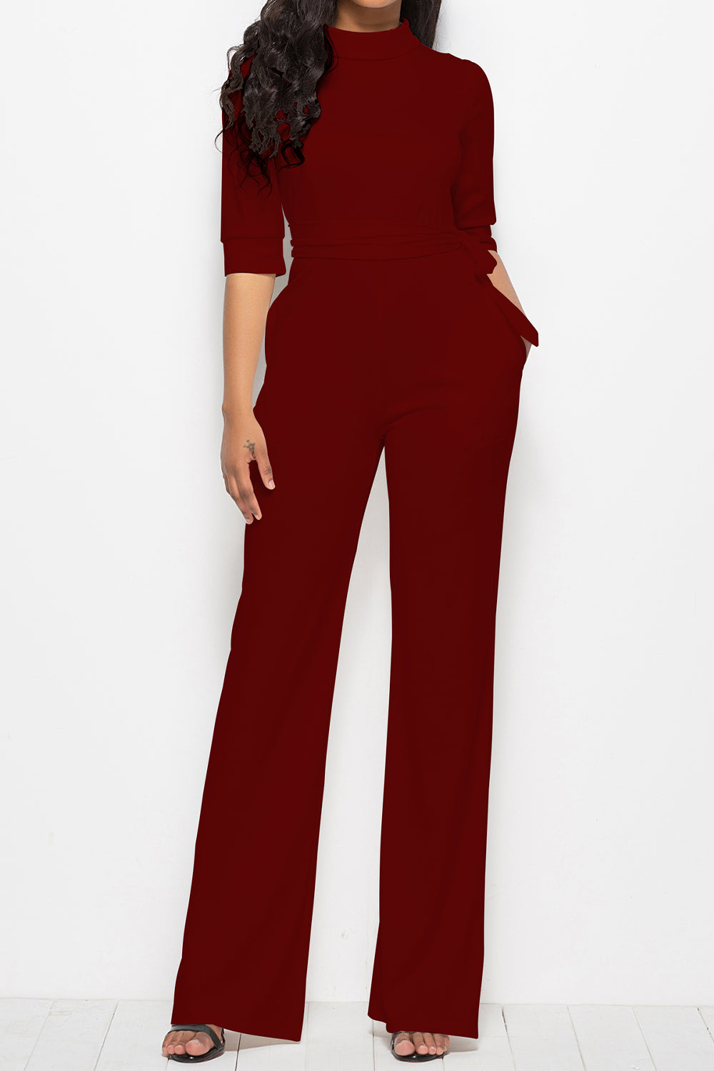 Mock Neck Tie-Waist Half Sleeve Jumpsuit Coco’s Tee Boutique