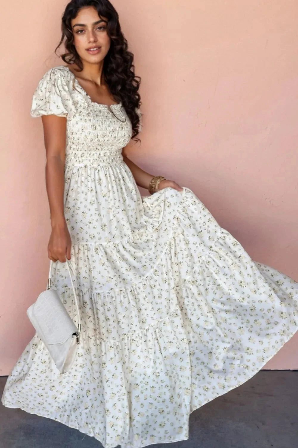 Floral Smocked Short Puff Sleeve Maxi Dress Simply Love