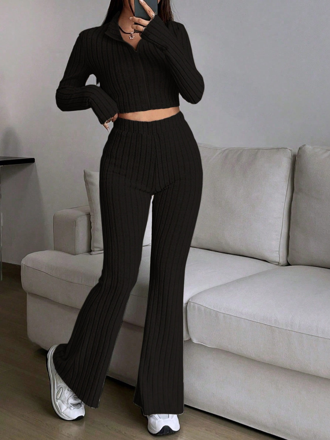 Zip Up Long Sleeve Top and Pants SetFeatures: Basic style
Number of pieces: Two-piece
Stretch: Slightly stretchy
Material composition: 95% polyester, 5% elastane
Care instructions: Machine wash cold. TLove Salve Long Sleeve TopTwo-Piece Sets