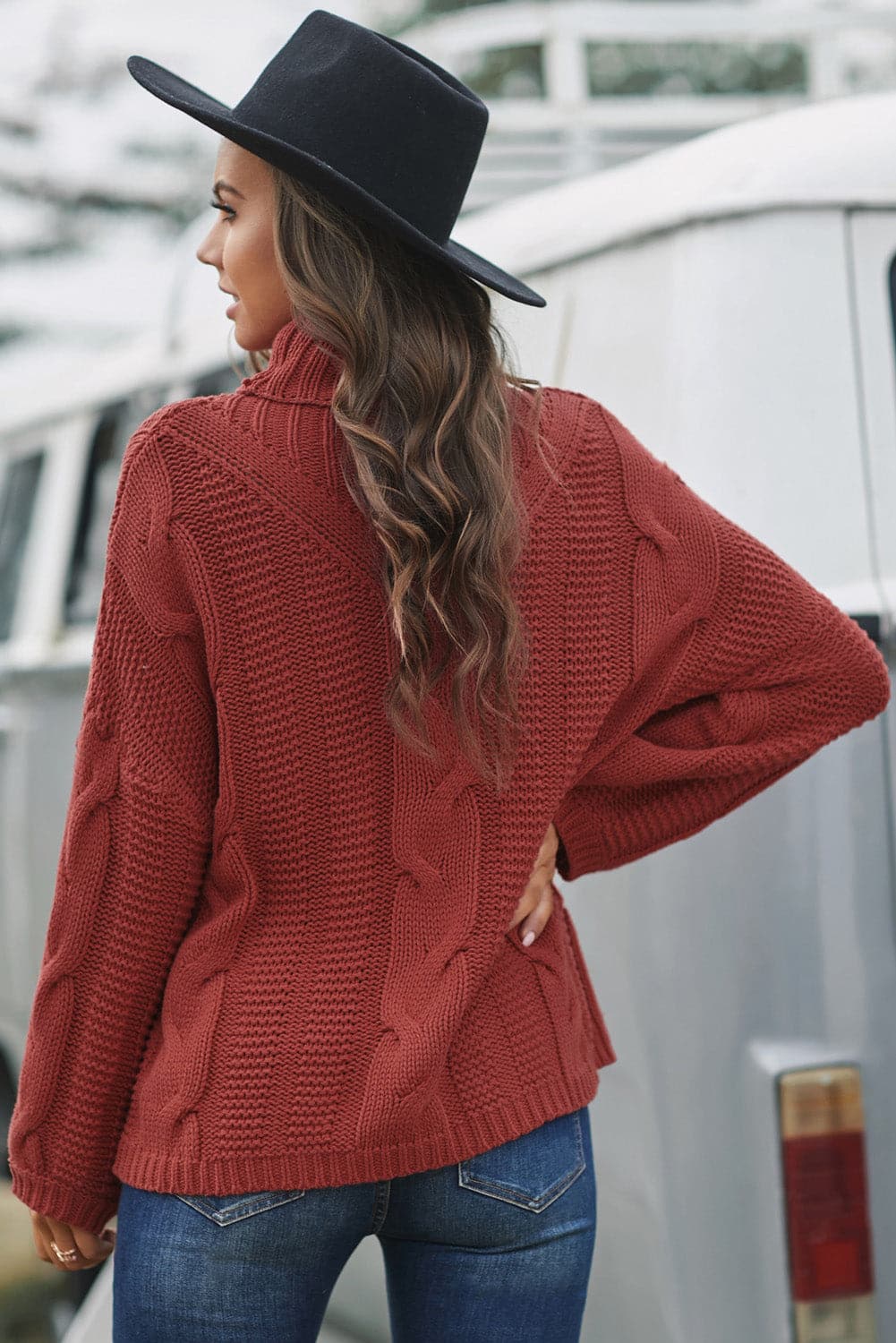 Cable-Knit Turtleneck Dropped Shoulder Sweater.