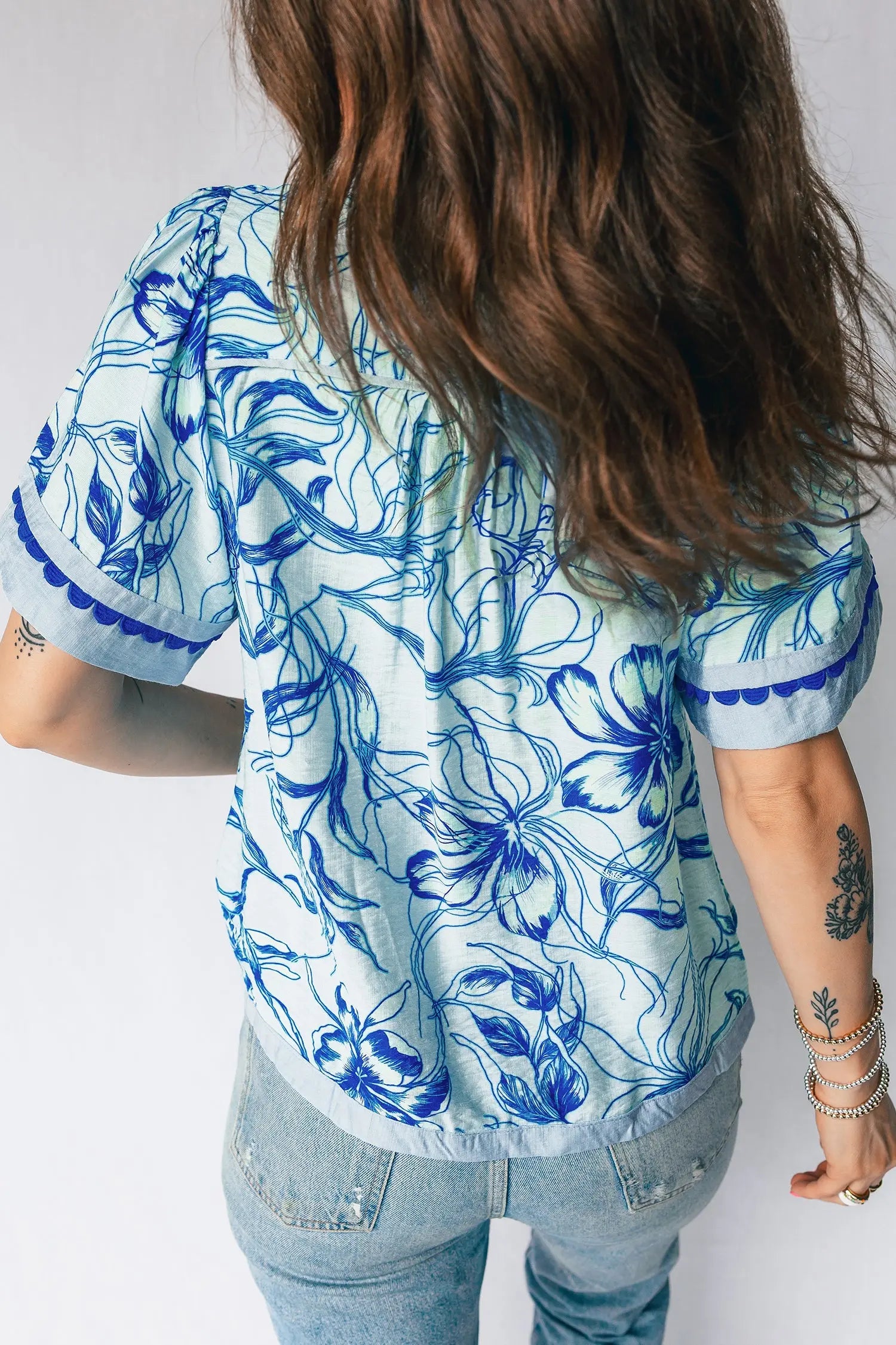 Sky Blue Ricrac Trim Slit V Neck Short Sleeve Floral Blouse Dear-Lover Dropshipping