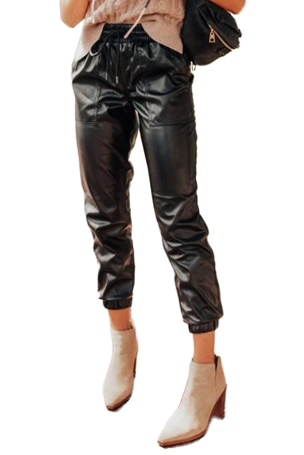 Chic black faux leather joggers with smocked waist and drawstring detail