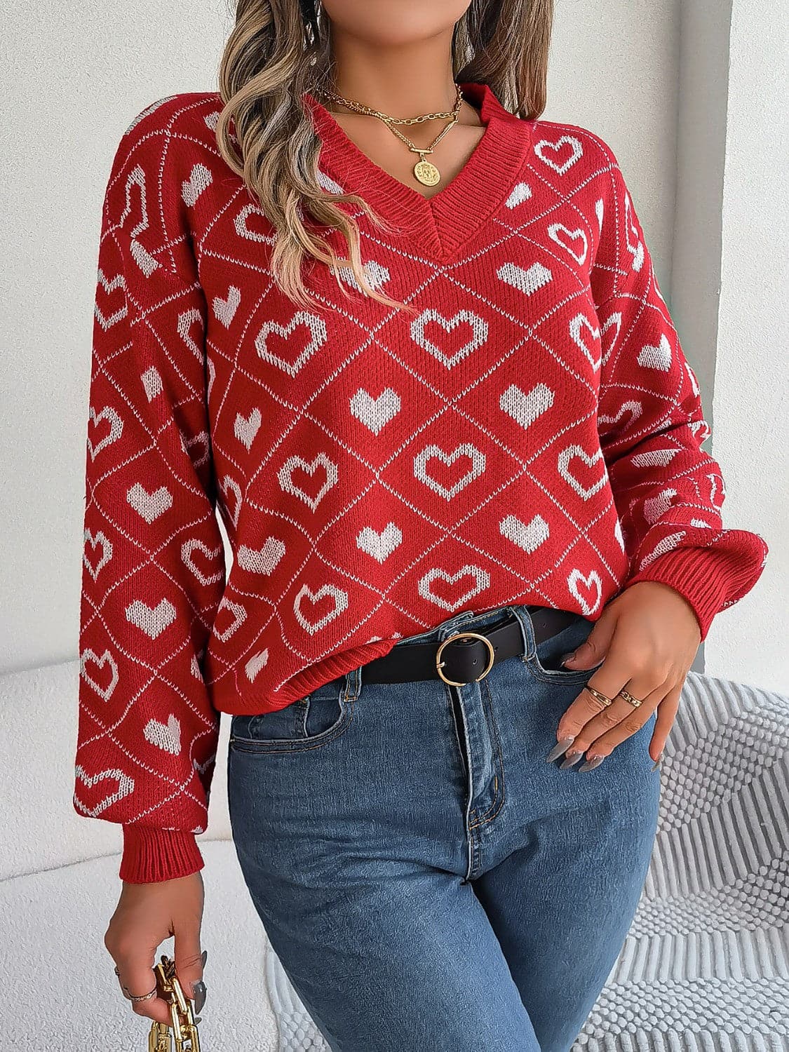 Heart Pattern V-Neck Long Sleeve Sweater.