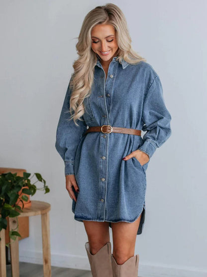 Chic button-up denim dress with collared neck and long sleeves