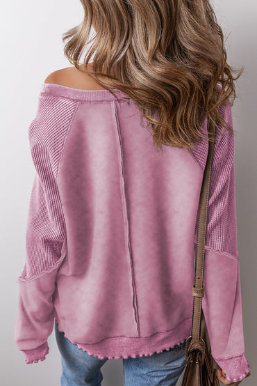 Pink Solid Waffle Knit Patchwork Raglan Sleeve Sweatshirt