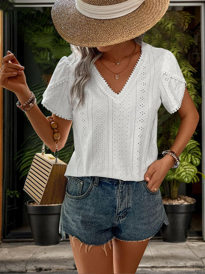 Eyelet V-Neck Petal Sleeve Blouse.