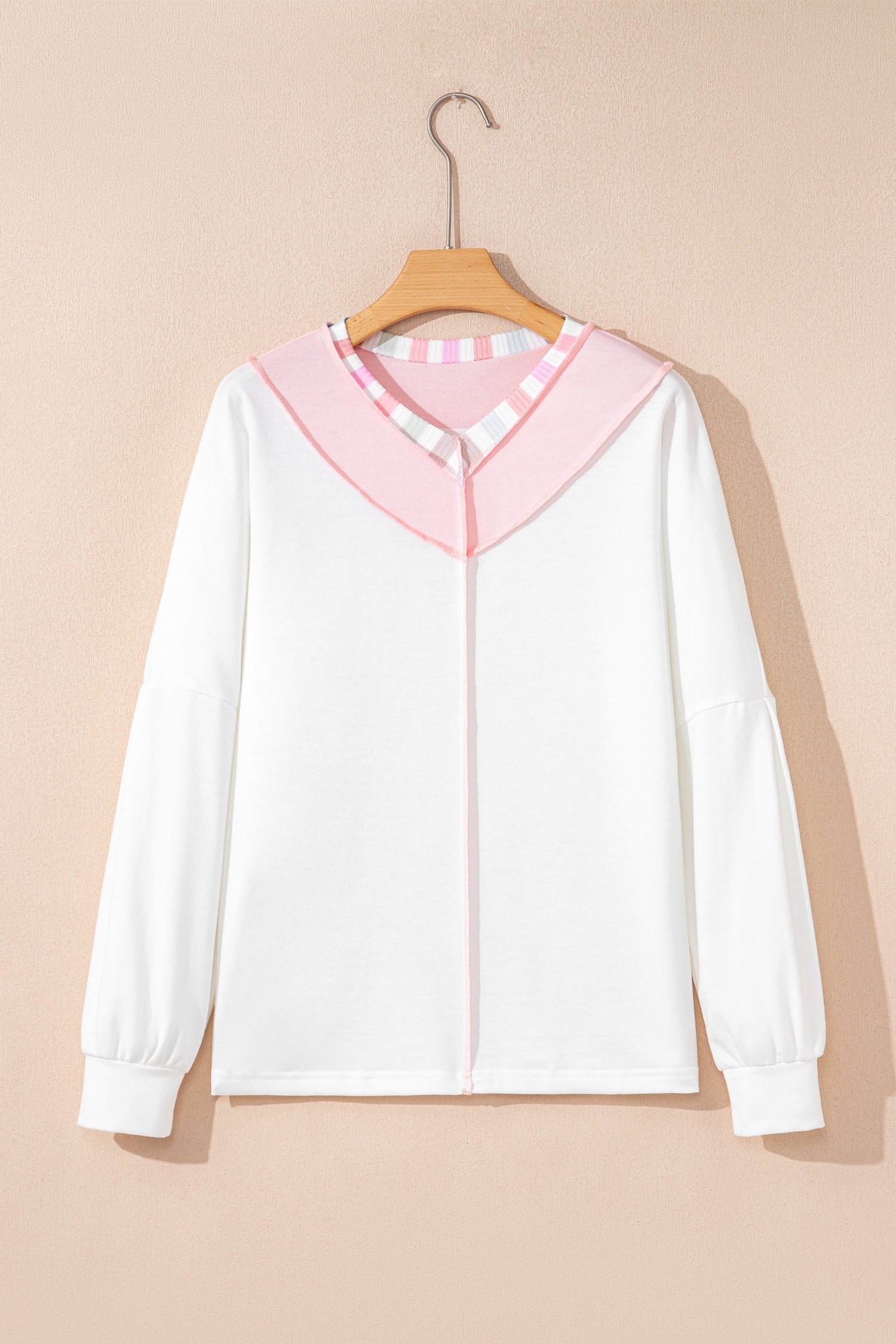 White Exposed Seam Rainbow Stripe Color Block V Neck Loose Long Sleeve Top Women Dear-Lover Dropshipping