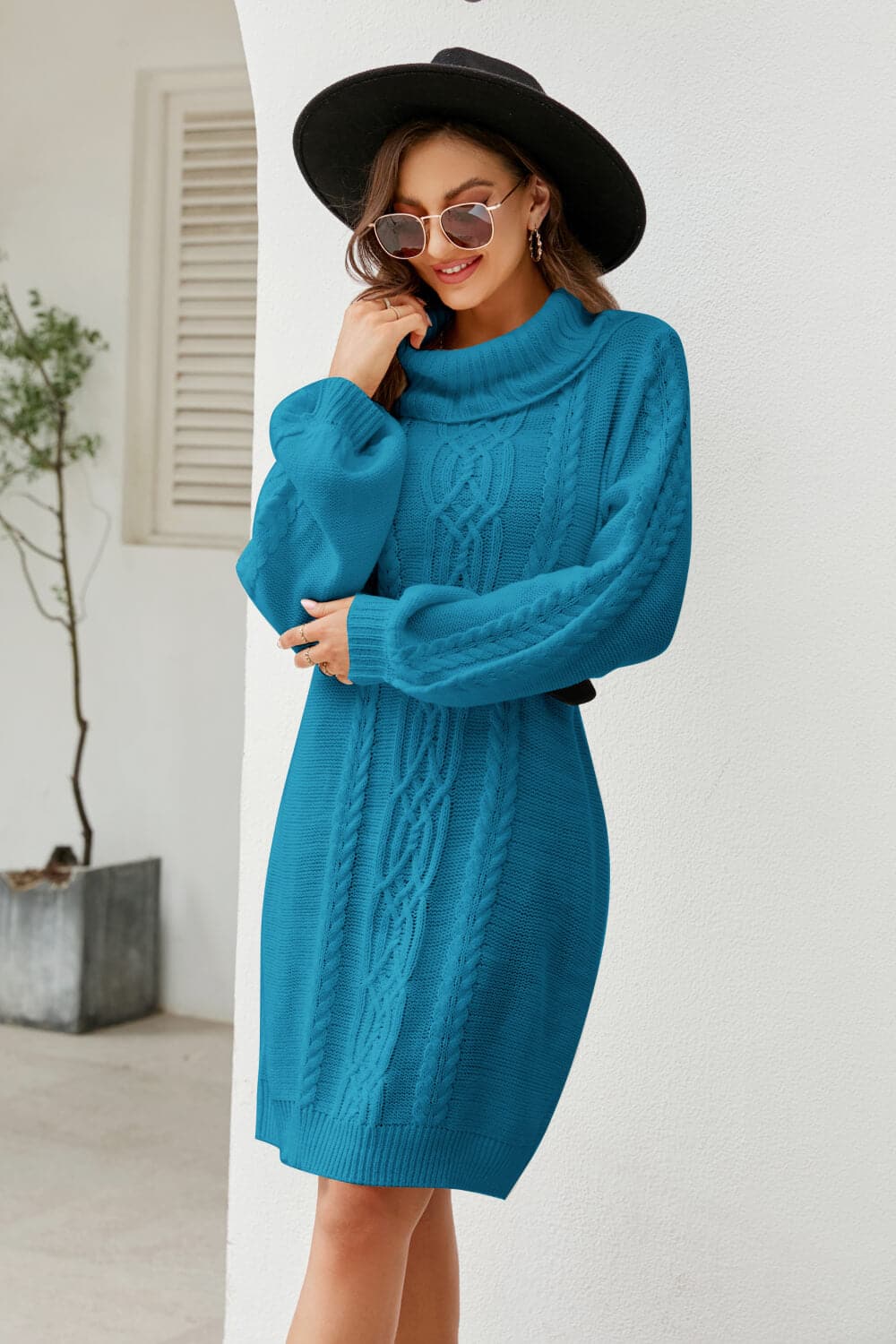 Woven Right Mixed Knit Turtleneck Lantern Sleeve Sweater Dress.