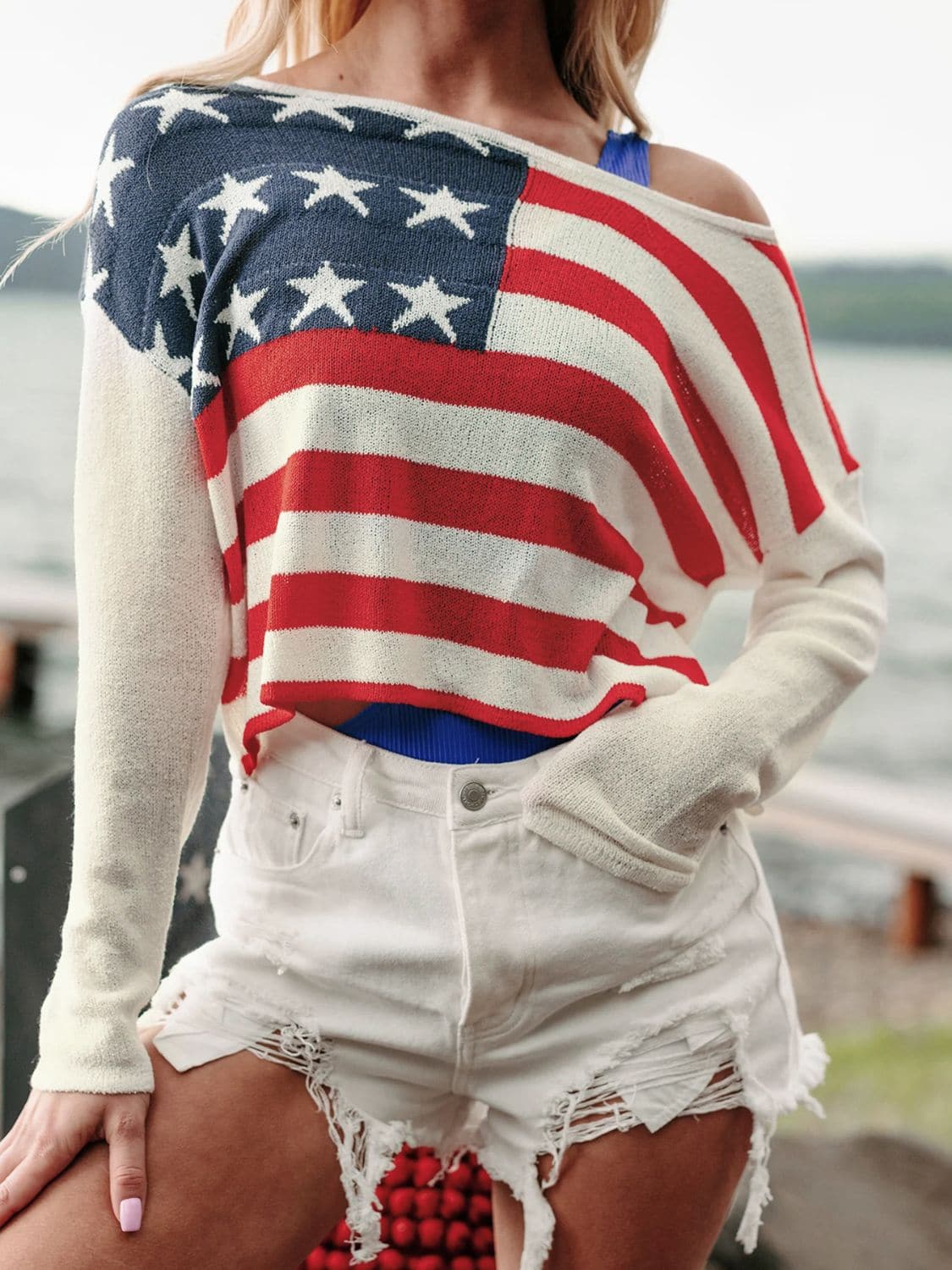 US Flag Boat Neck Long Sleeve Knit Top.