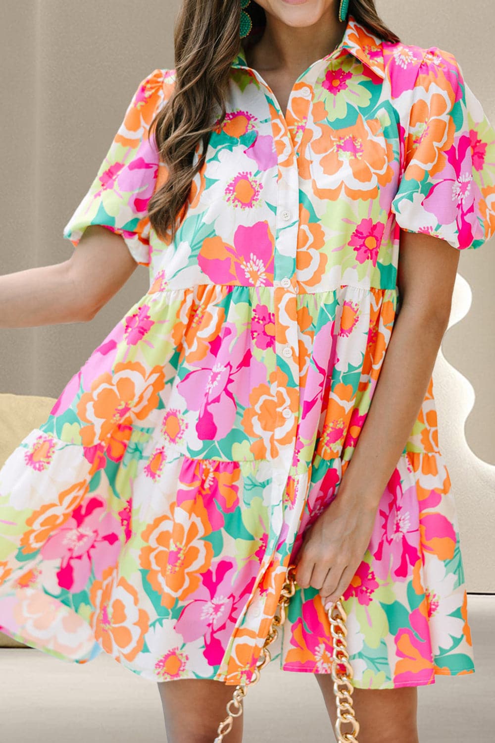 Tiered Printed Short Sleeve Mini Dress.