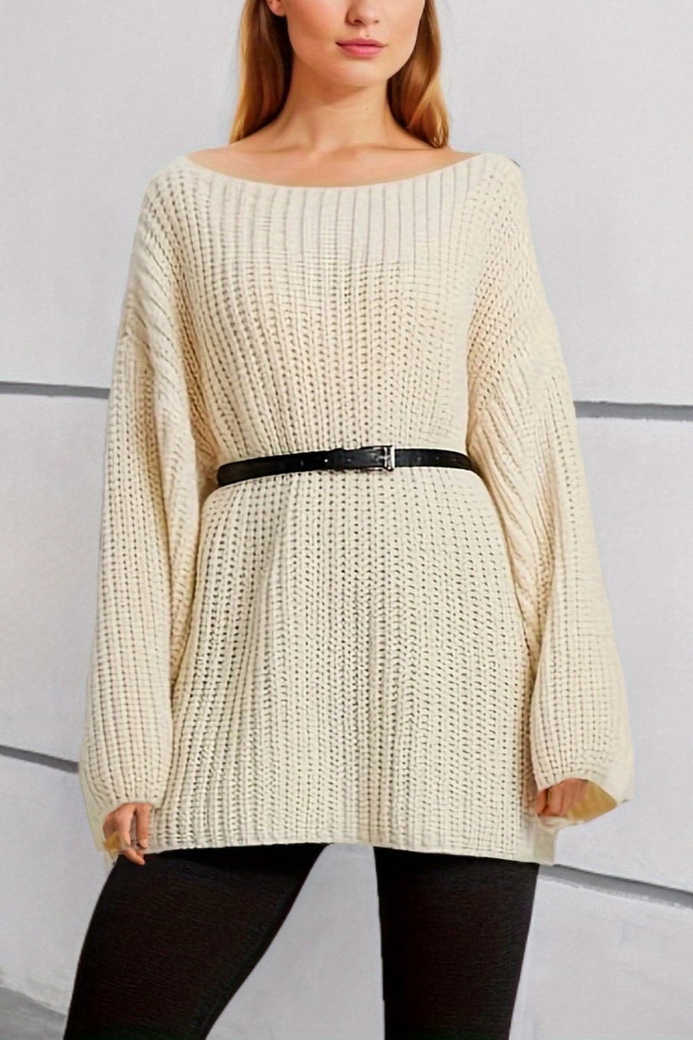 Boat Neck Dropped Shoulder Mini Sweater Dress.