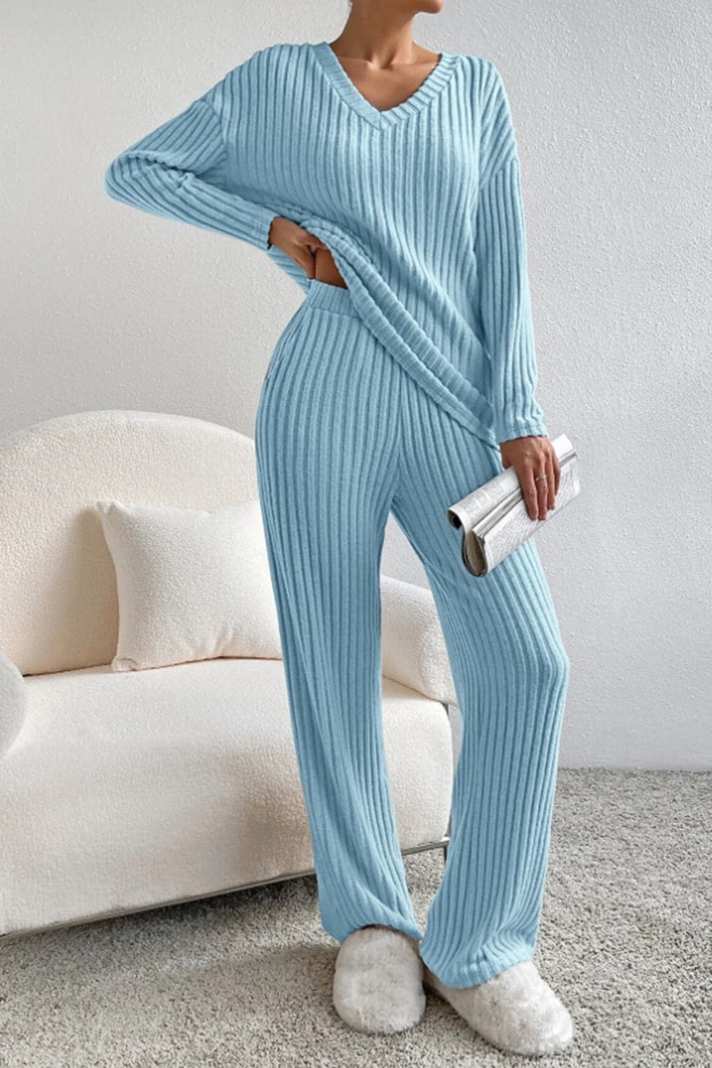 Ribbed V-Neck Top and Pants Set.