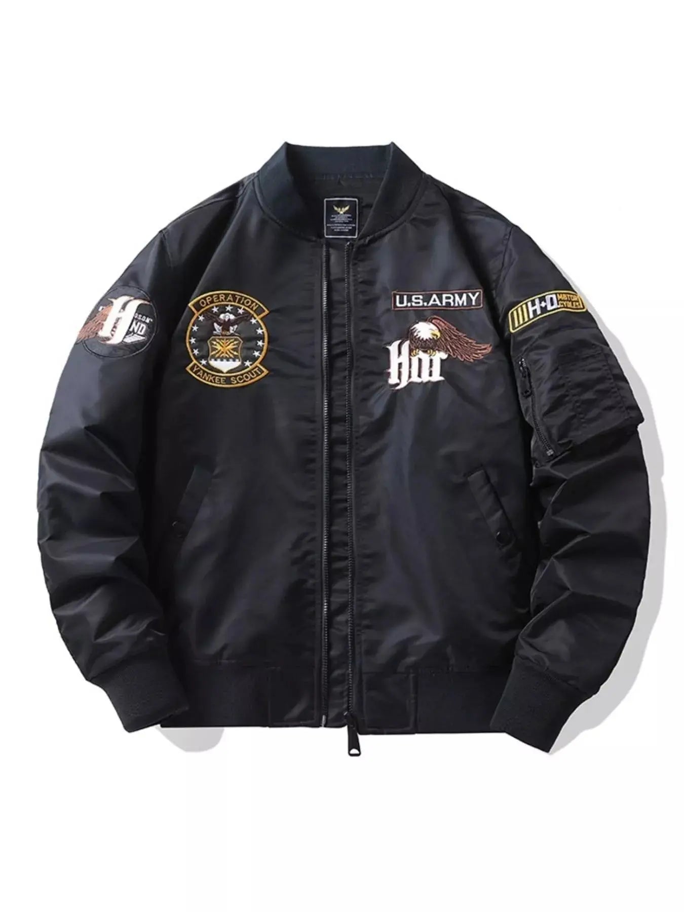 Men's Military Patch Embroidered Bomber Jacket Nylon Zip Up Simply Love