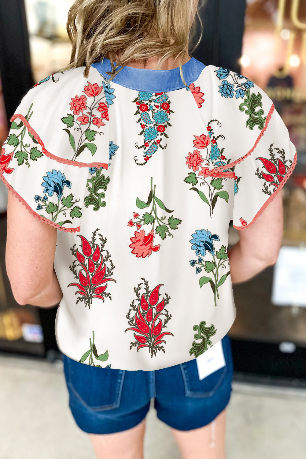White Floral Print Contrast V Neck Tassel Tie Lace Detail Blouse