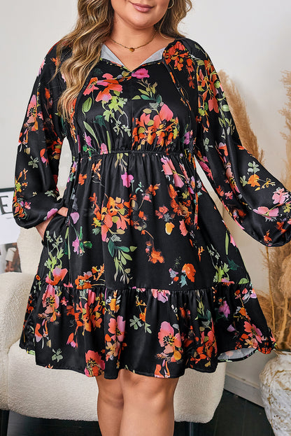 Black Plus Size Floral Print Tie Neck Cinched Waist Dress