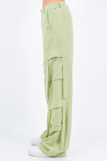 American Bazi Linen Wide Leg Cargo Pants.