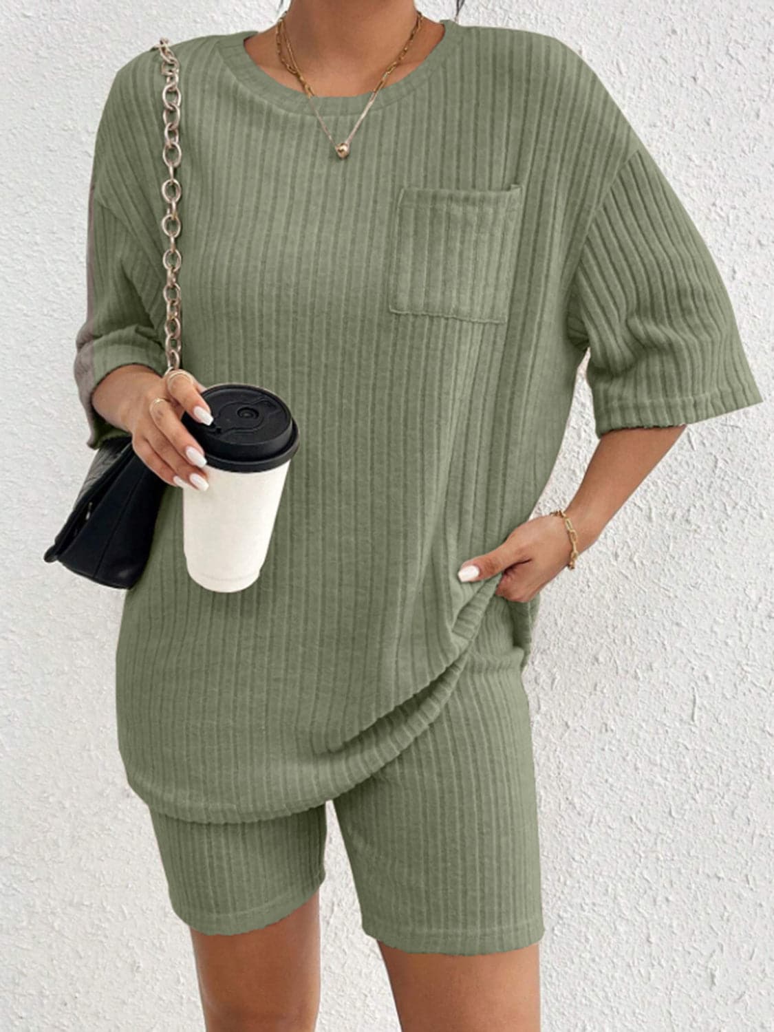 Ribbed Round Neck Top and Shorts Set.