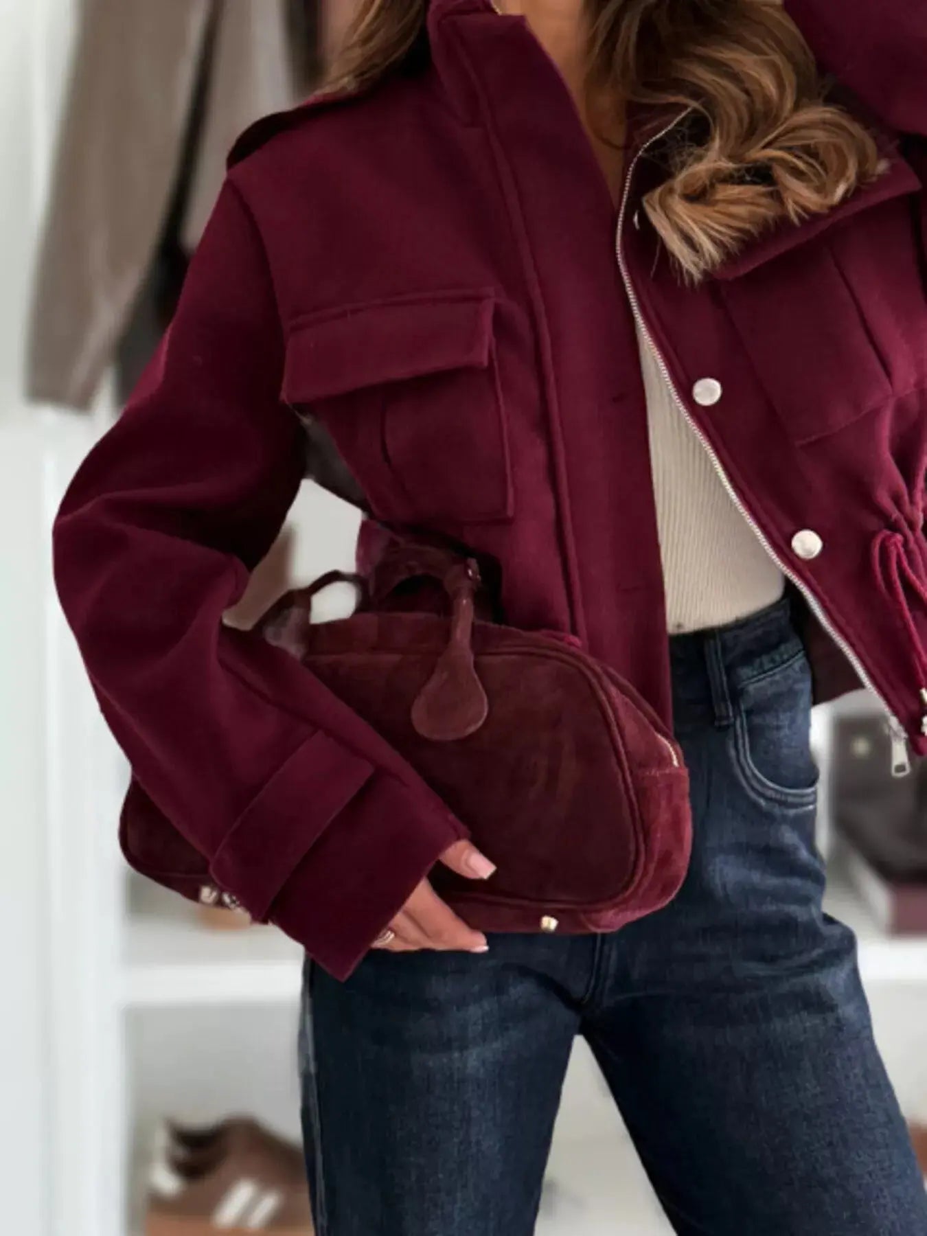 Drawstring Waist Cropped Jacket Simply Love