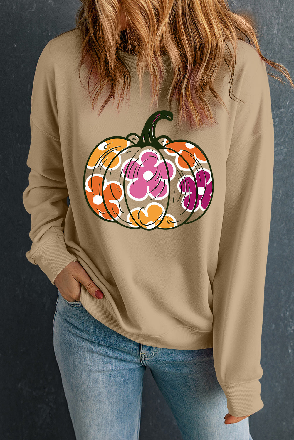 Khaki pumpkin graphic sweatshirt with drop shoulder design for Halloween fun