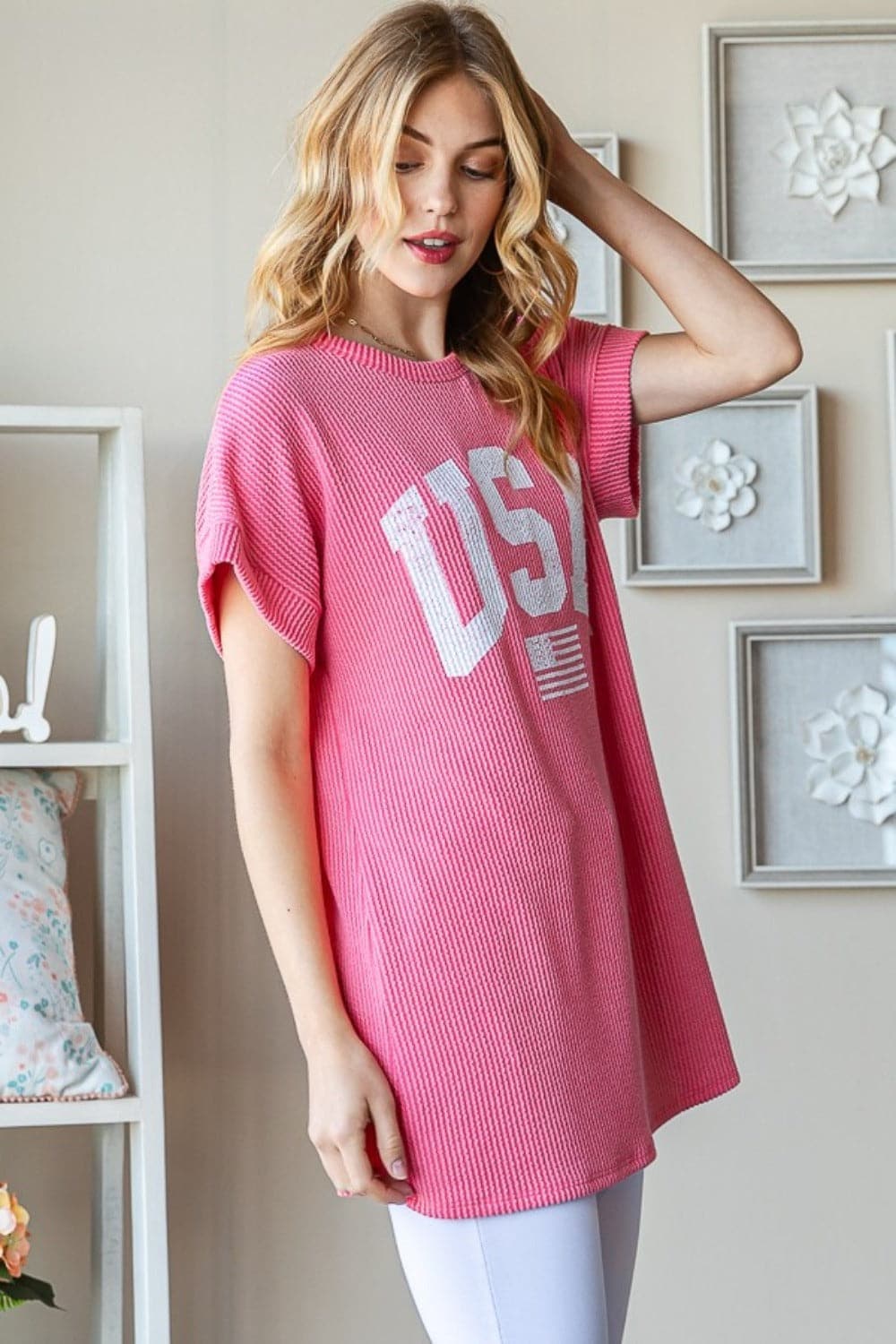 Heimish Full Size USA Graphic Short Sleeve Ribbed Top.