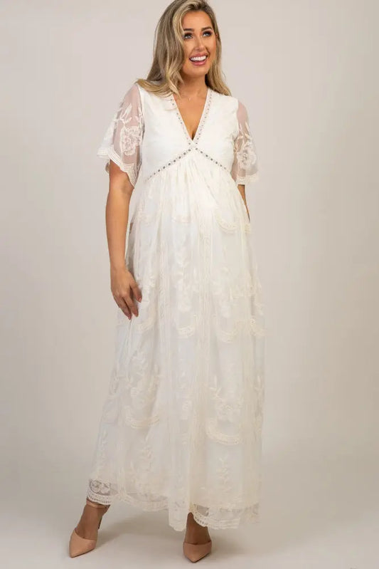 PinkBlush Cream Lace Mesh Overlay Maternity Maxi Dress PinkBlush