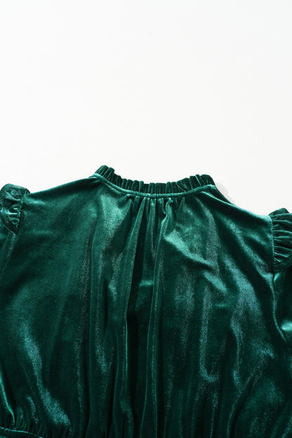 Elegant blackish green velvet high-waist midi dress with frilled neckline and ruffled hem