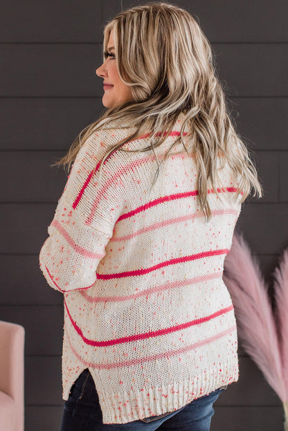 Chic pink stripe plus size drop shoulder sweater with side split