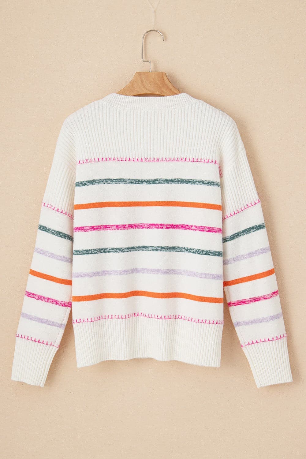 Striped Round Neck Dropped Shoulder Sweater.