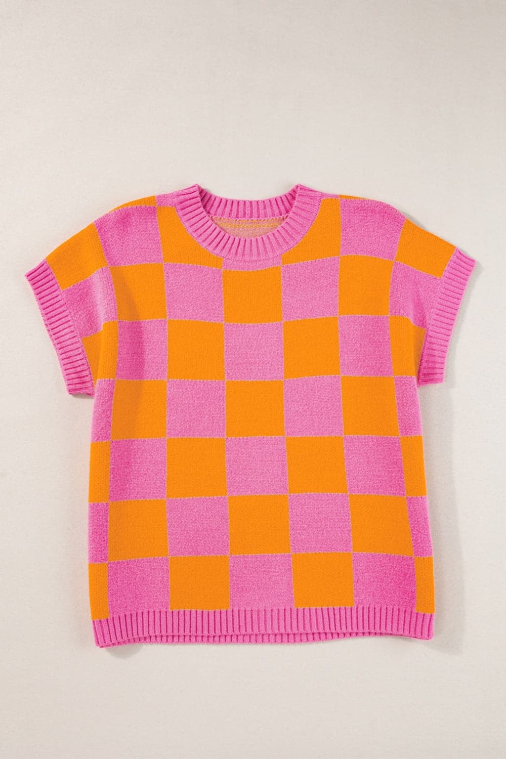 Checkered Round Neck Short Sleeve Sweater.