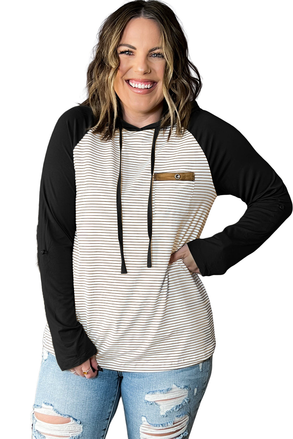 Plus size black and white striped hoodie with raglan sleeves and button pocket