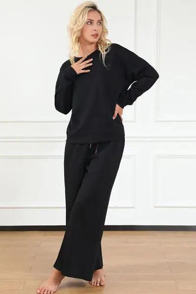 Double Take Full Size Textured Long Sleeve Top and Drawstring Pants Set - Love Salve