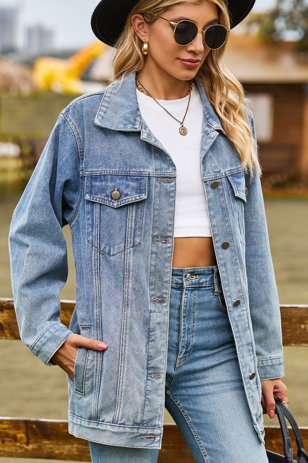 Buttoned Collared Neck Denim Jacket with Pockets Coco’s Tee Boutique