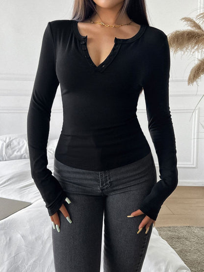 Chic button detail long sleeve tee