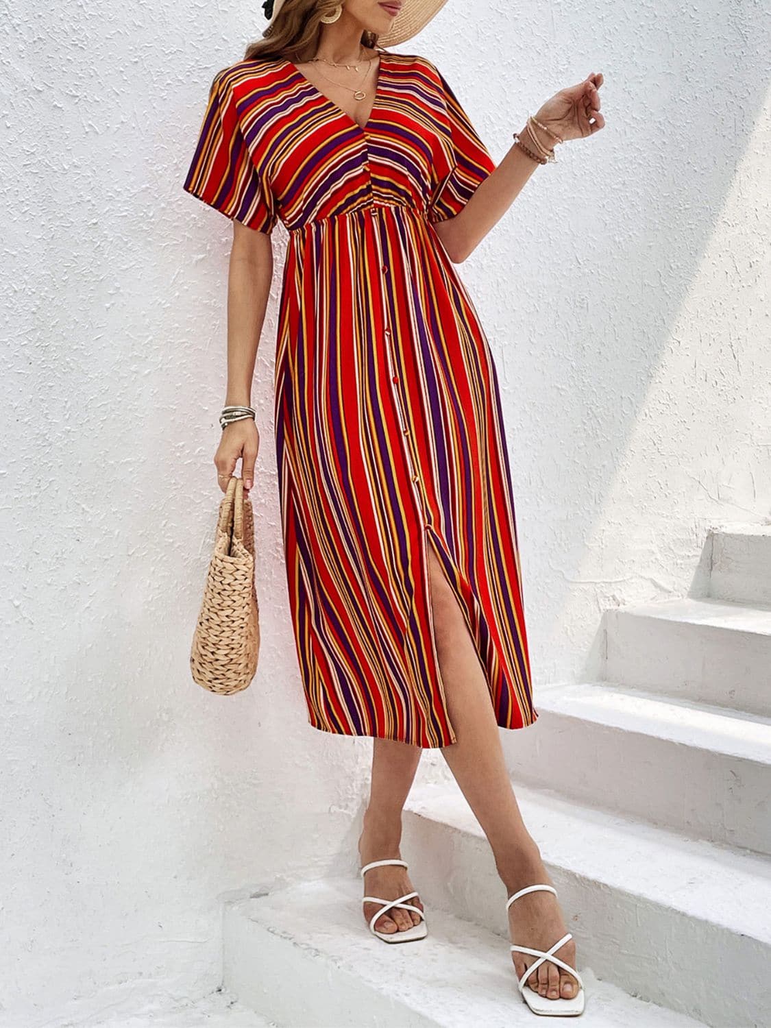 Slit Striped V-Neck Short Sleeve Midi Dress.