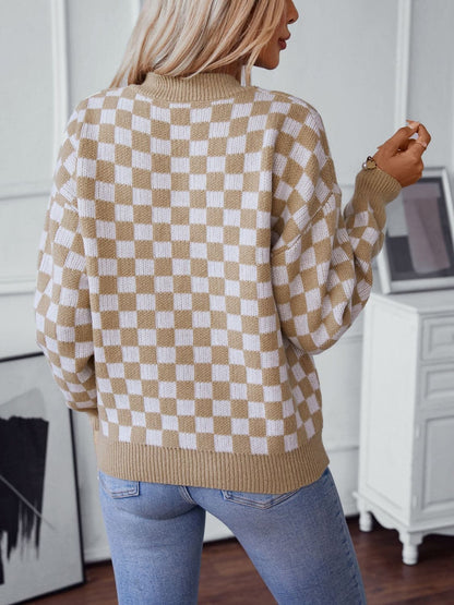 Vibrant checkered v-neck sweater with dropped shoulders