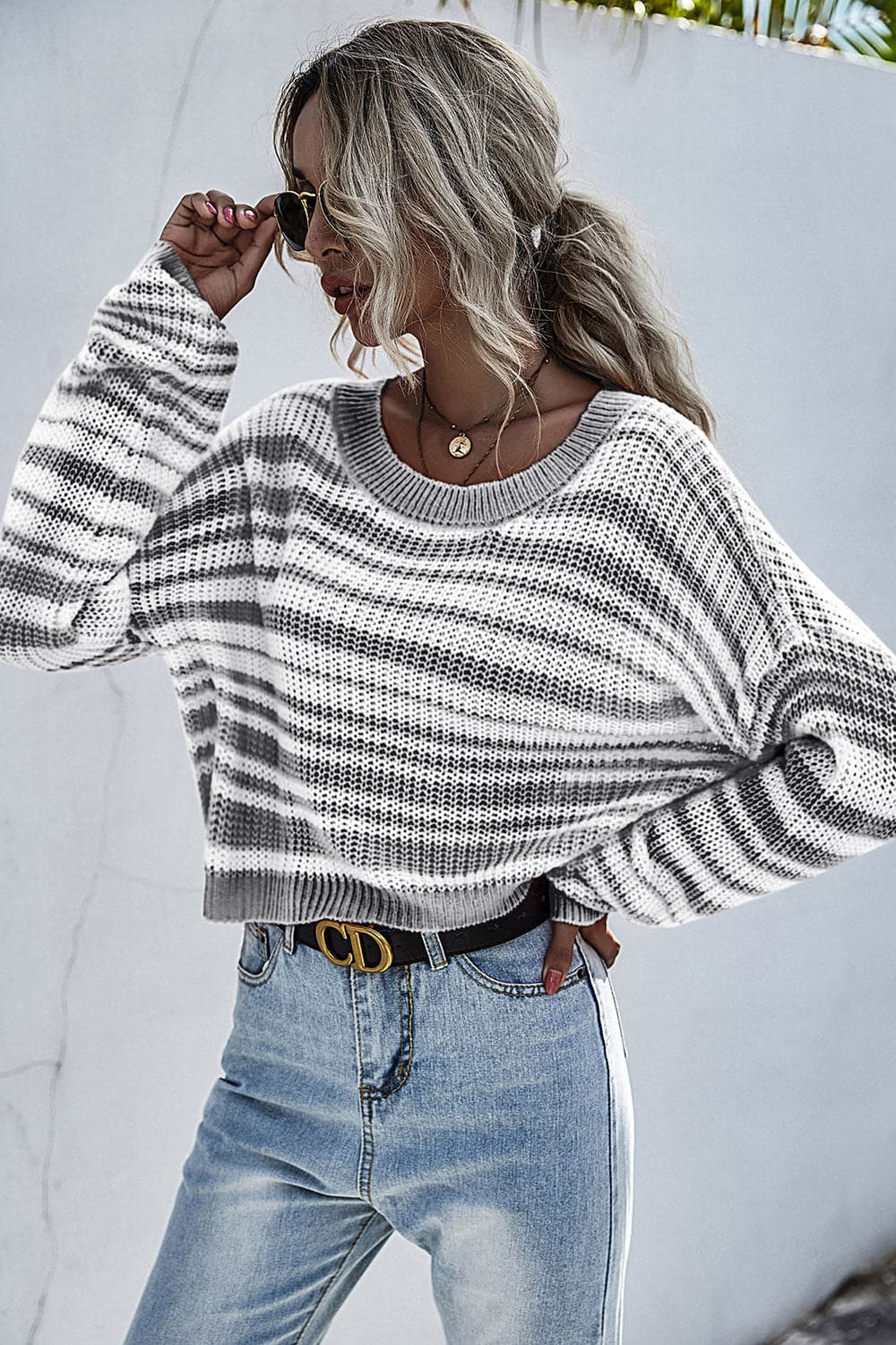 Striped Round Neck Dropped Shoulder Sweater.