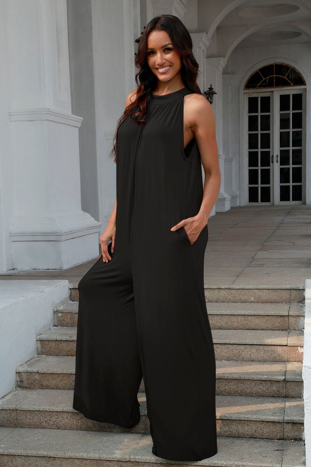 Chic cutout sleeveless jumpsuit with tie-back detail