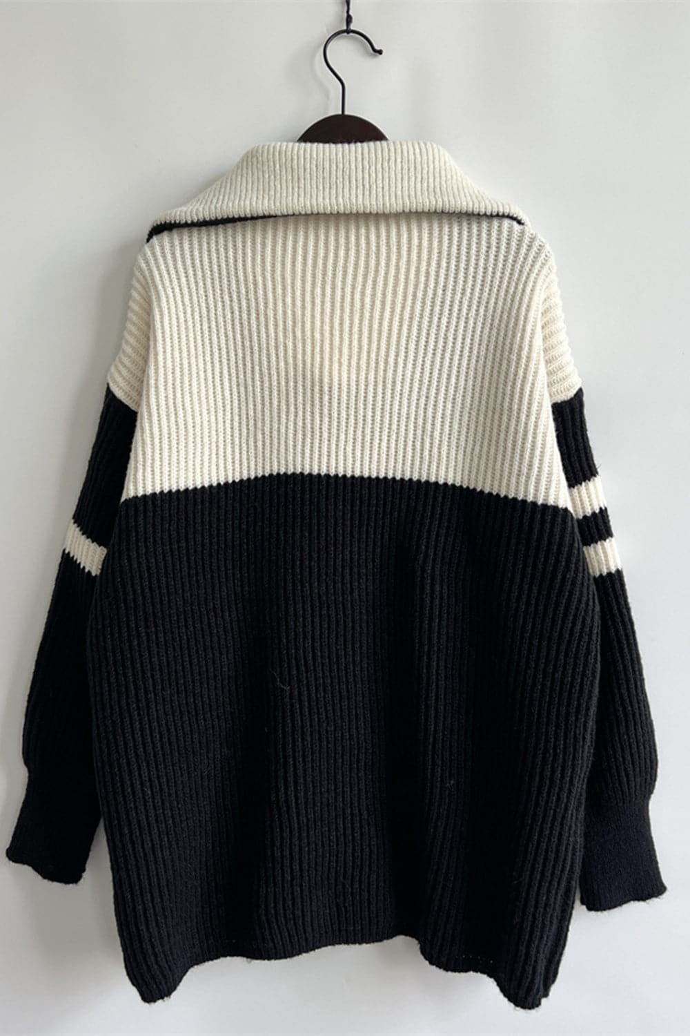 Quarter Zip Striped Dropped Shoulder Sweater.