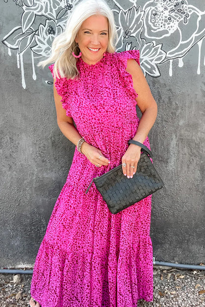 Fierce elegance: Rose red leopard print tiered maxi dress with ruffles