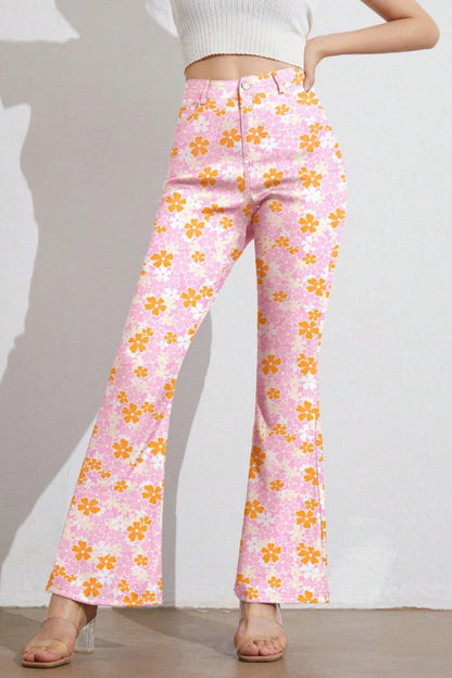 Stylish Printed High-Waisted Flare Trousers with Convenient Pockets