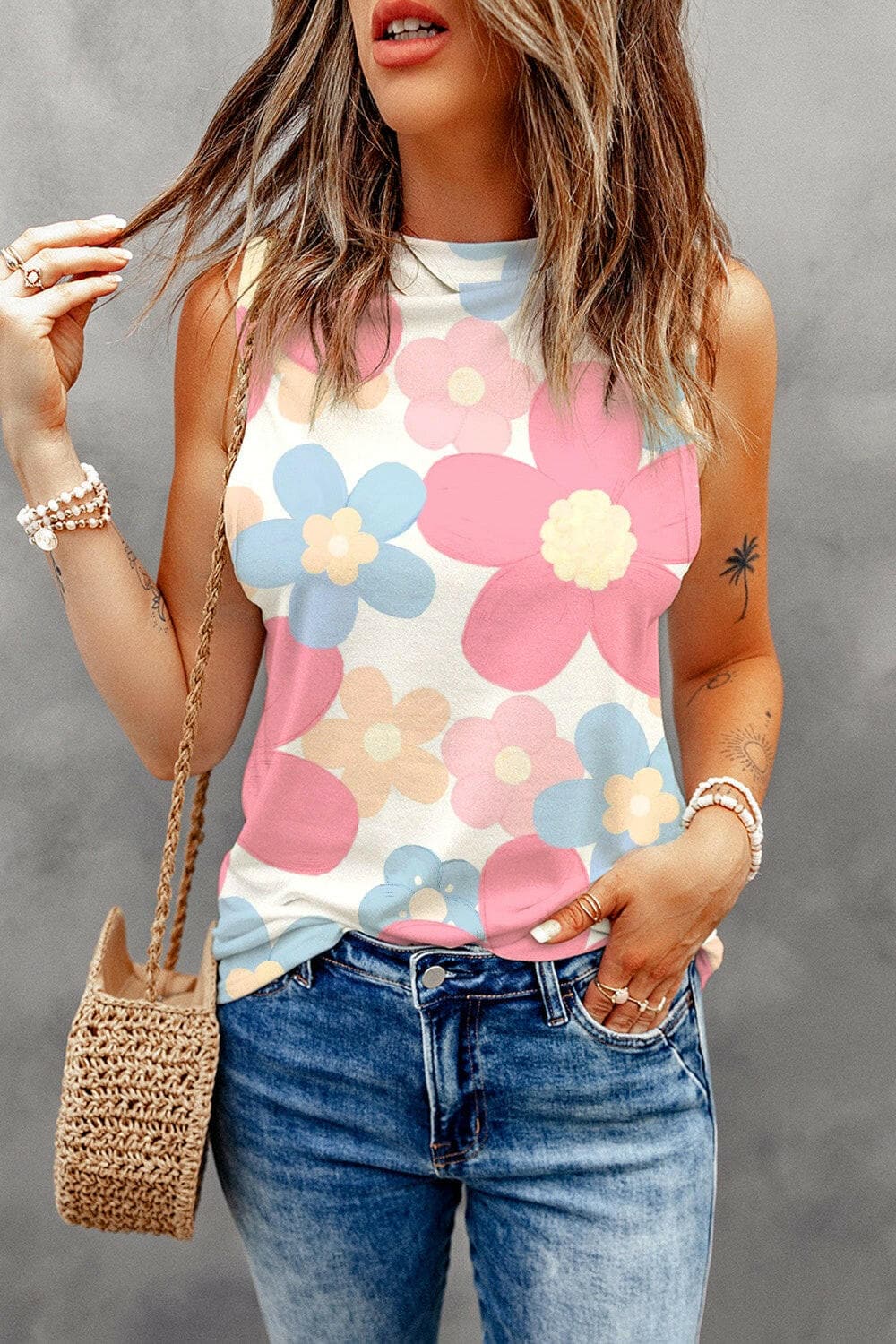 Flower Printed Round Neck Tank.