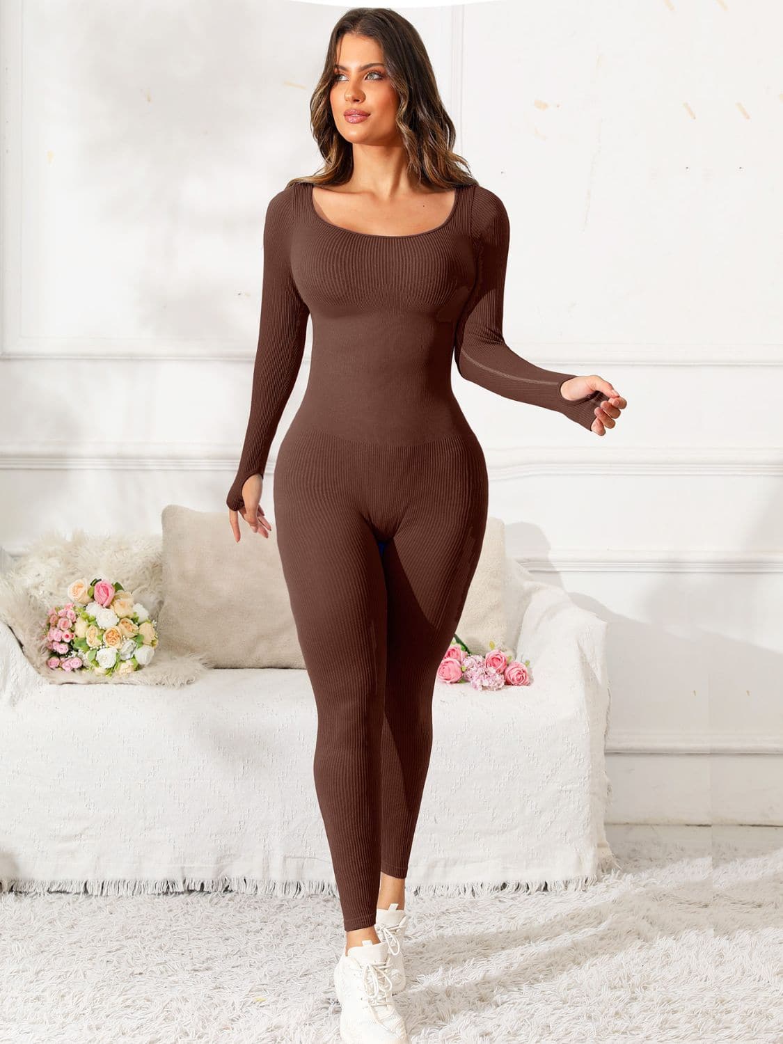 Scoop Neck Long Sleeve Active Jumpsuit.