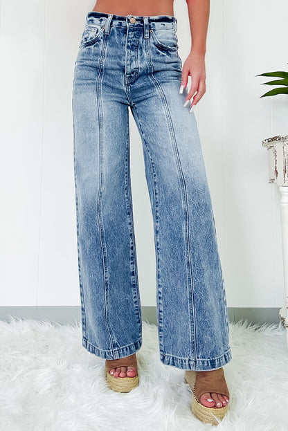 Dusk blue high-waisted wide-leg jeans with central seam detail