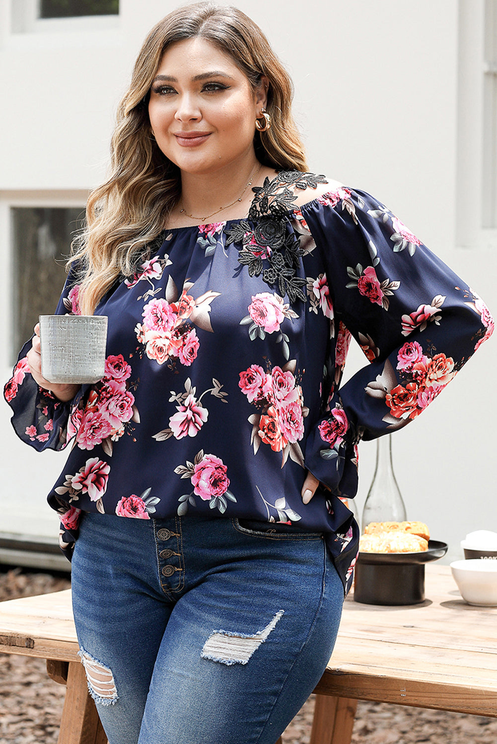 Chic navy blue plus size floral blouse with crochet details and cold shoulder design